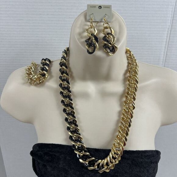 3 Piece Set Light Link Necklace Curb Cuban Link Chain Necklace Bracelet Earrings - Picture 1 of 8